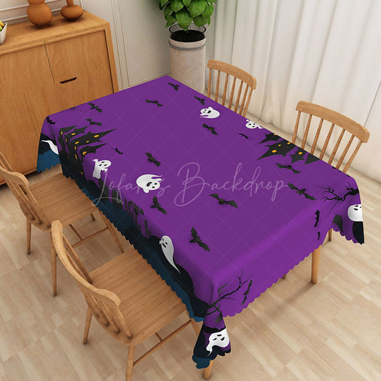 Lofaris Purple Halloween Rectangle Tablecloth with Black Bats and Ghosts for Spooky Night Party Decorations