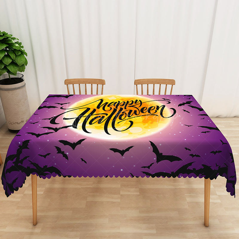 Lofaris Purple Halloween Rectangle Tablecloth with Black Moon and Bats for Spooky Night Gothic Party Decor