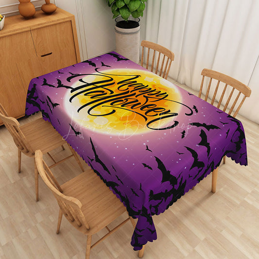 Lofaris Purple Halloween Rectangle Tablecloth with Black Moon and Bats for Spooky Night Gothic Party Decor