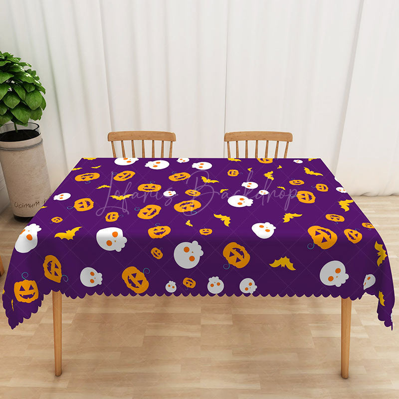 Lofaris Purple Halloween Rectangle Tablecloth with Pumpkins Skulls and Bats for Spooky Party Decor
