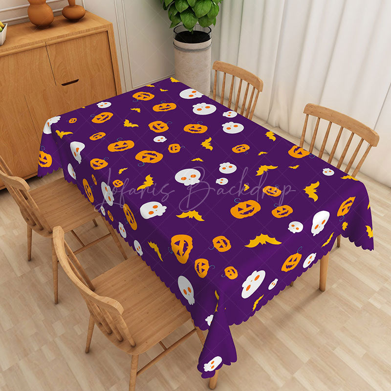 Lofaris Purple Halloween Rectangle Tablecloth with Pumpkins Skulls and Bats for Spooky Party Decor