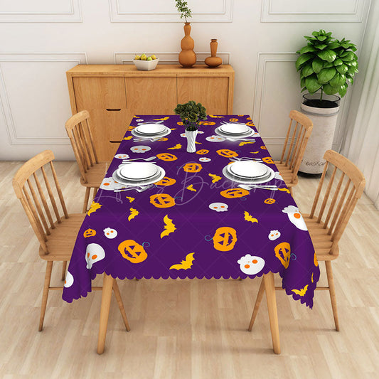 Lofaris Purple Halloween Rectangle Tablecloth with Pumpkins Skulls and Bats for Spooky Party Decor
