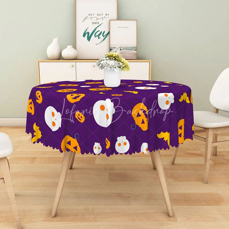 Lofaris Purple Halloween Round Tablecloth with Jack-o’-Lanterns and Skulls for Spooky Fun Party Decor