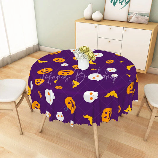 Lofaris Purple Halloween Round Tablecloth with Jack-o’-Lanterns and Skulls for Spooky Fun Party Decor