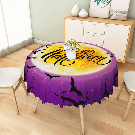 Lofaris Purple Halloween Round Tablecloth with Night Sky Moon and Bats for Spooky Celestial Decor