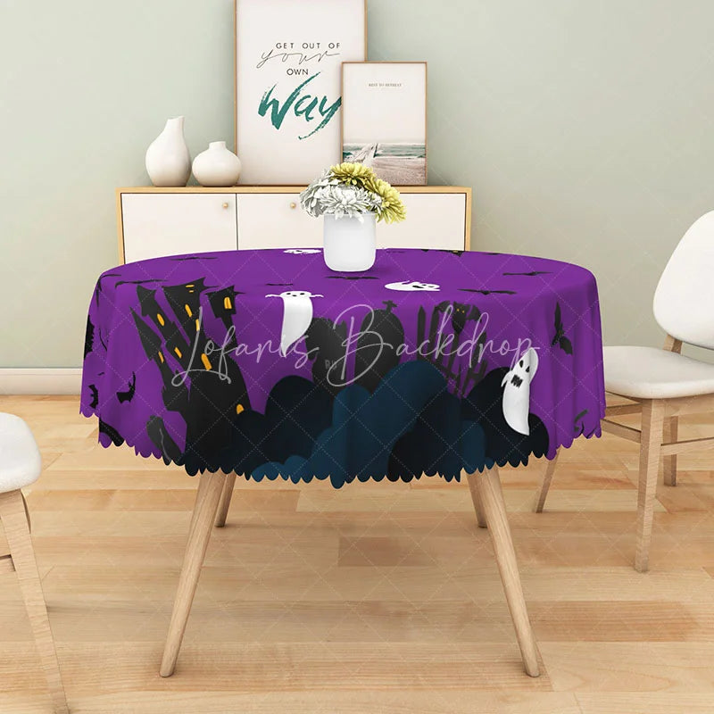 Lofaris Purple Halloween Round Tablecloth with Phantom Bat Pattern for Spooky and Gothic Party Decorations