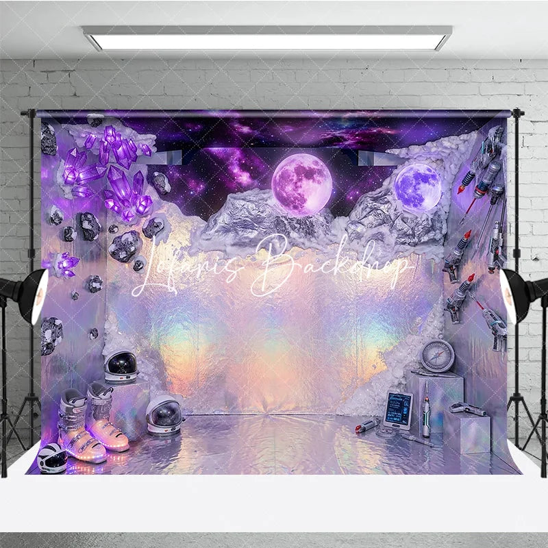 Lofaris Purple Holographic Iridescent Space Galaxy Photography Backdrop Luminous Moons and Crystals Futuristic Sci-fi Theme