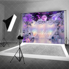 Lofaris Purple Holographic Iridescent Space Galaxy Photography Backdrop Luminous Moons and Crystals Futuristic Sci-fi Theme