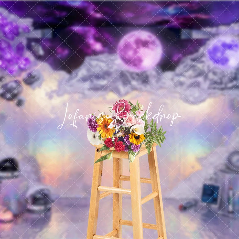 Lofaris Purple Holographic Iridescent Space Galaxy Photography Backdrop Luminous Moons and Crystals Futuristic Sci-fi Theme
