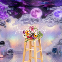 Lofaris Purple Holographic Iridescent Space Galaxy Photography Backdrop Luminous Moons and Crystals Futuristic Sci-fi Theme
