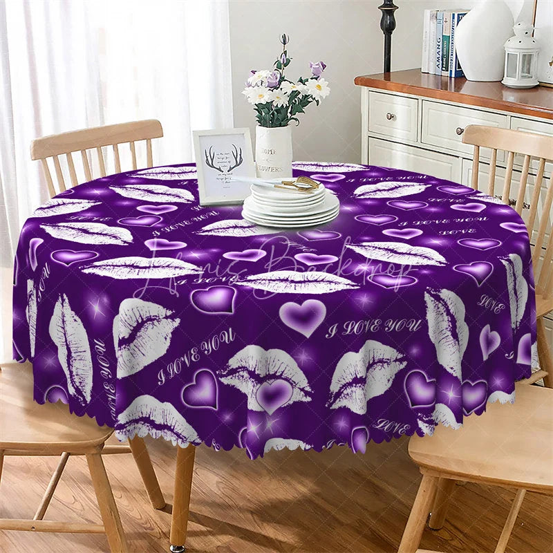 Lofaris Purple Lip I Love You Round Tablecloth Kiss Mark Heart Pattern Table Cover for Date Night