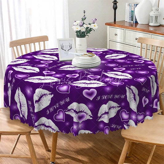 Lofaris Purple Lip I Love You Round Tablecloth Kiss Mark Heart Pattern Table Cover for Date Night