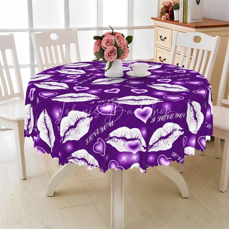 Lofaris Purple Lip I Love You Round Tablecloth Kiss Mark Heart Pattern Table Cover for Date Night