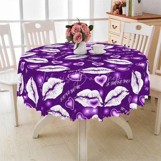 Lofaris Purple Lip I Love You Round Tablecloth Kiss Mark Heart Pattern Table Cover for Date Night