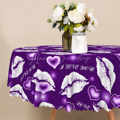 Lofaris Purple Lip I Love You Round Tablecloth Kiss Mark Heart Pattern Table Cover for Date Night