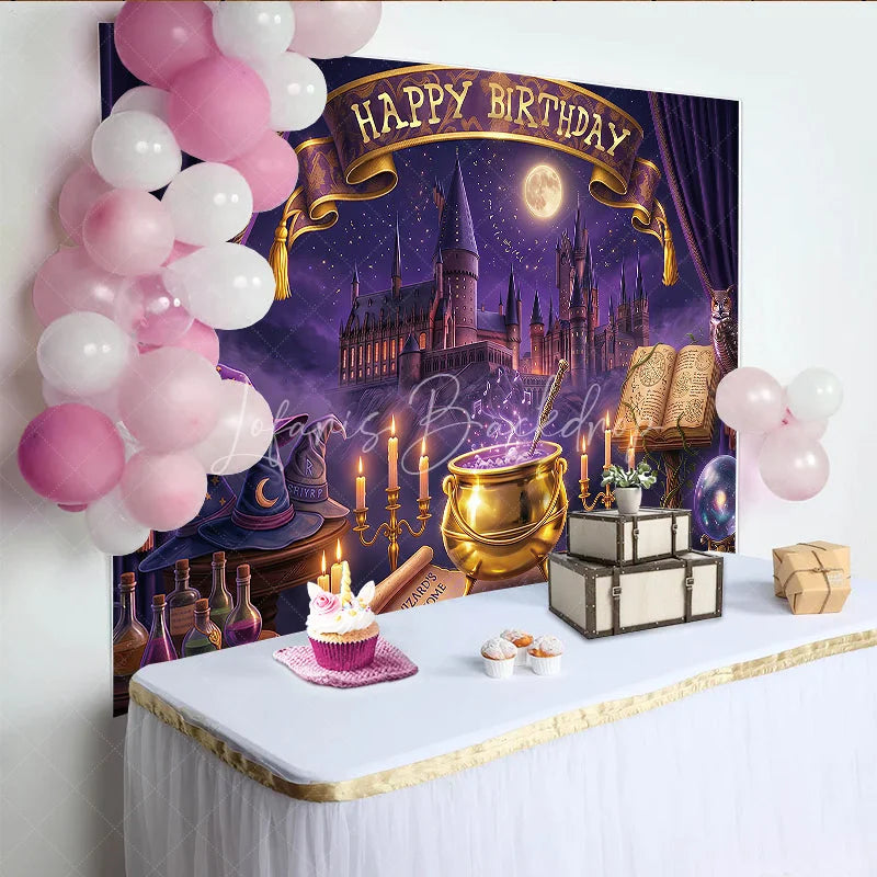 Lofaris Purple Magical Castle Birthday Backdrop Enchanted Night Sky with Wizard Hats and Happy Banner.