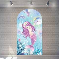 Lofaris Purple Mermaid Princess Arch Backdrop Shimmery Underwater Sea Birthday Decor Girls Party Photo Prop with Shells Bubbles