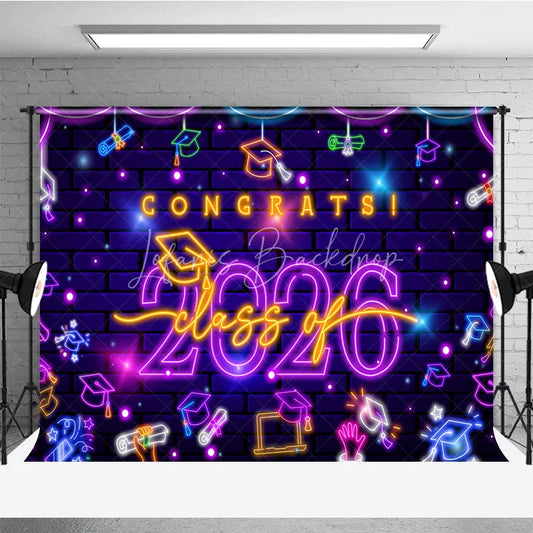 Lofaris Purple Neon Brick Wall Congrats Class of 2026 Backdrop