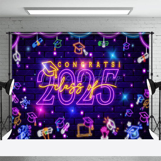 Lofaris Purple Neon Brick Wall Congrats Class of 2025 Backdrop