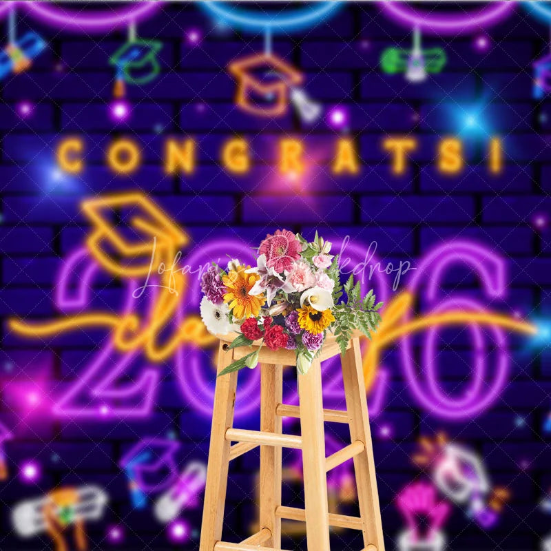Lofaris Purple Neon Brick Wall Congrats Class of 2026 Backdrop