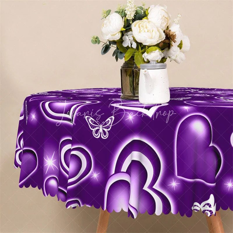Lofaris Purple Neon Heart Butterfly Round Tablecloth Glowing Romantic Love Table Cover for Dinner