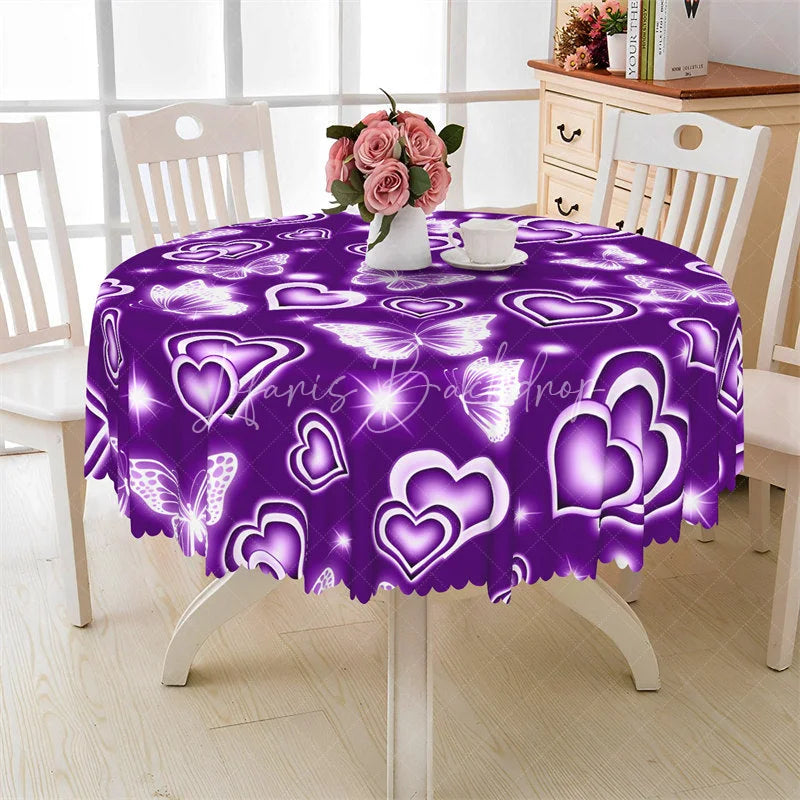 Lofaris Purple Neon Heart Butterfly Round Tablecloth Magical Glowing Love Table Cover for Dinner