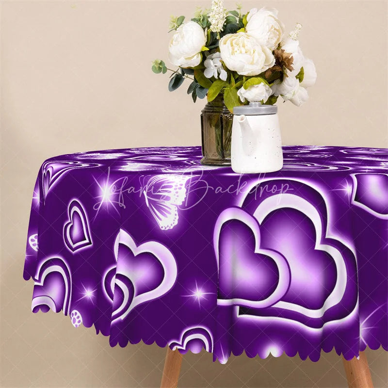Lofaris Purple Neon Heart Butterfly Round Tablecloth Magical Glowing Love Table Cover for Dinner