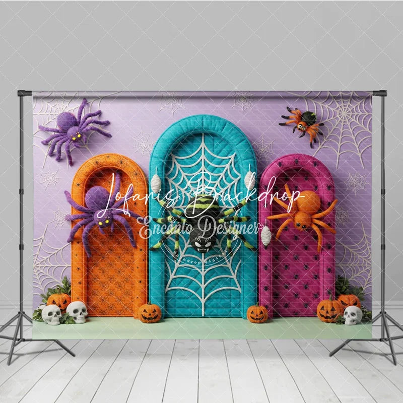 Lofaris Purple Orange Teal Pink Halloween Spiders and Arched Doors Backdrop Spooky Party Decor with Pumpkins Skulls