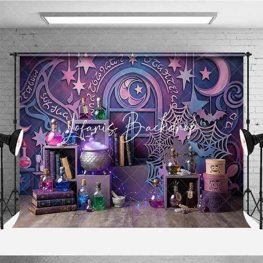 Lofaris Purple Pink Blue Magic Wizard Potion Cauldron Photography Backdrop Enchanted Halloween Party Decor with Stars and Moon