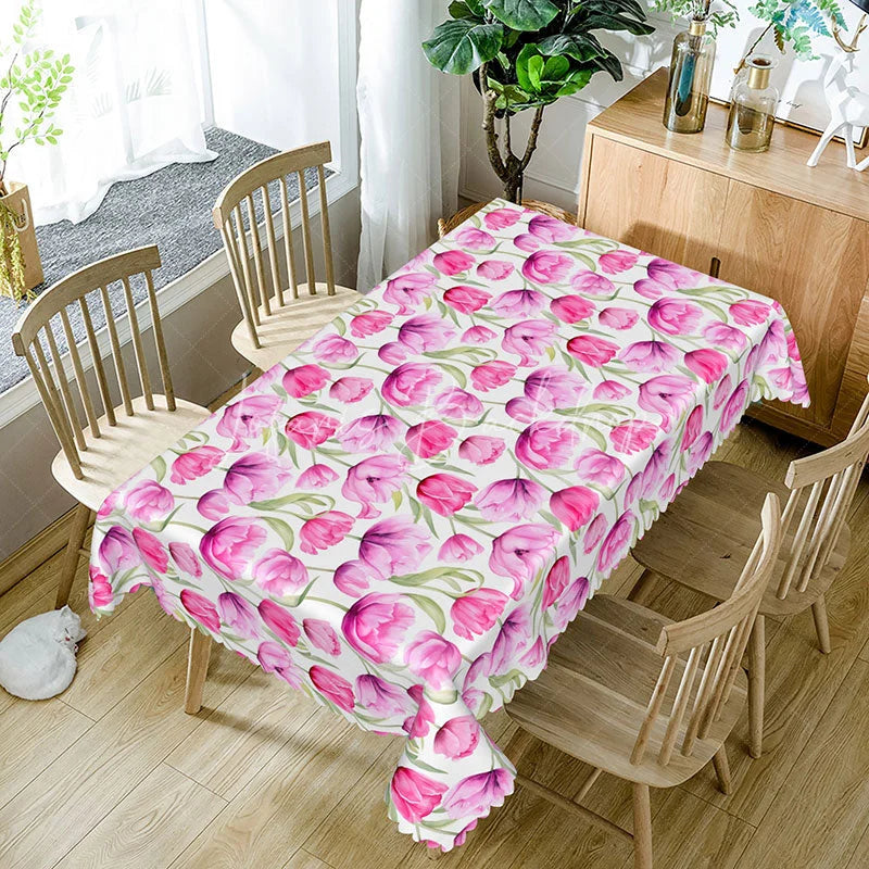 Lofaris Purple Pink Tulip Rectangle Tablecloth Watercolor Spring Flower Table Cover Elegant Dining Room Home Decor