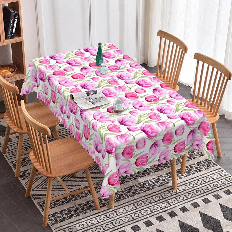 Lofaris Purple Pink Tulip Rectangle Tablecloth Watercolor Spring Flower Table Cover Elegant Dining Room Home Decor
