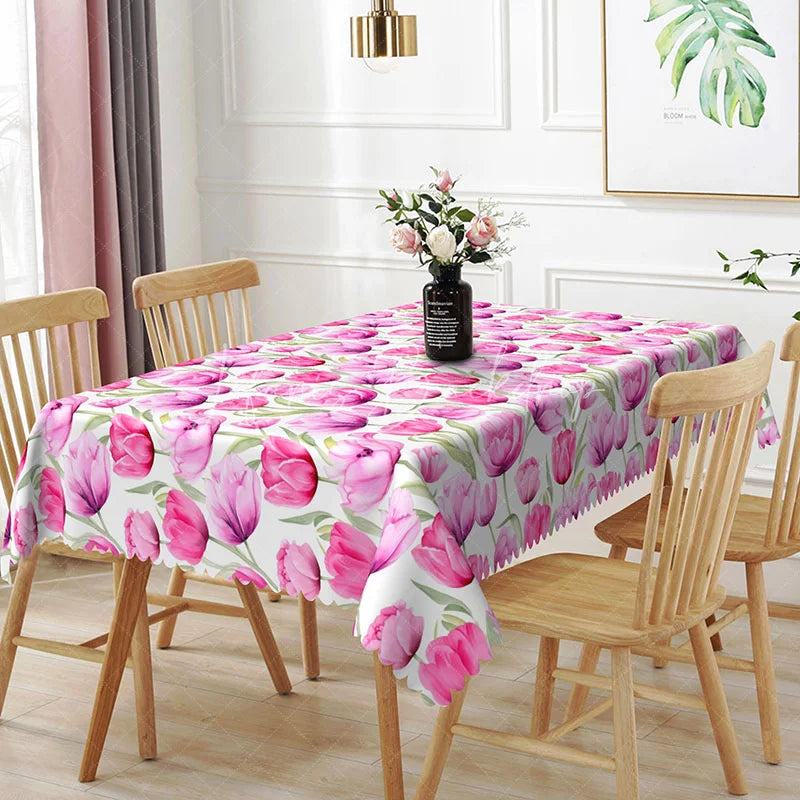 Lofaris Purple Pink Tulip Rectangle Tablecloth Watercolor Spring Flower Table Cover Elegant Dining Room Home Decor