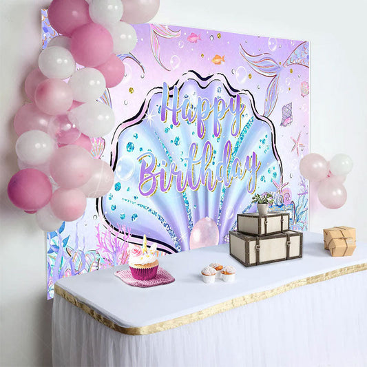 Lofaris Purple Pink Undersea Shell Mermaid Birthday Backdrop