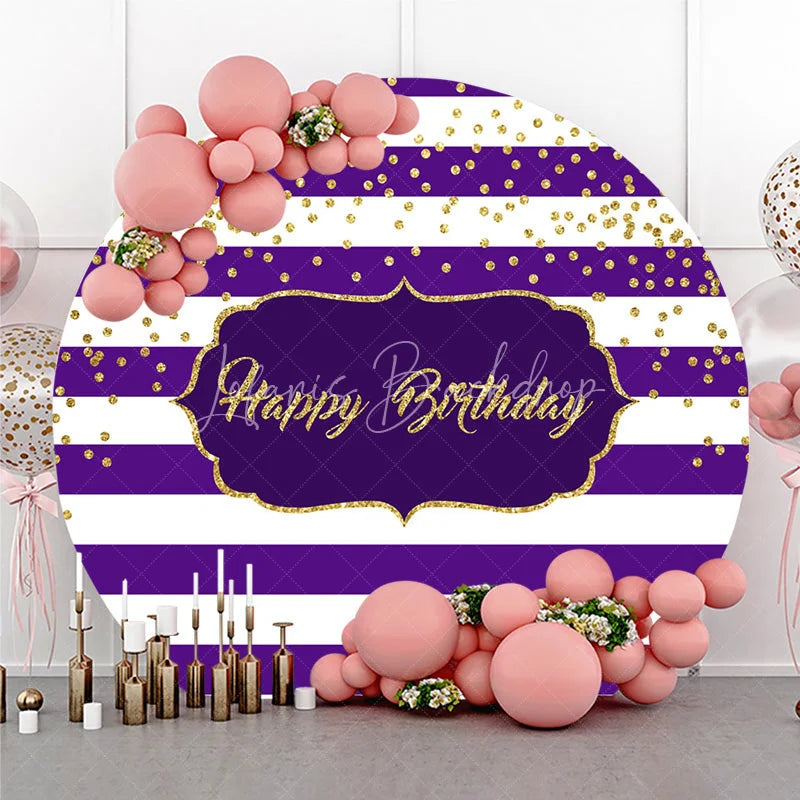 Lofaris Purple Stripes Happy Birthday Round Backdrop Gold Glitter Confetti Pattern Background Royal Princess Party Decor