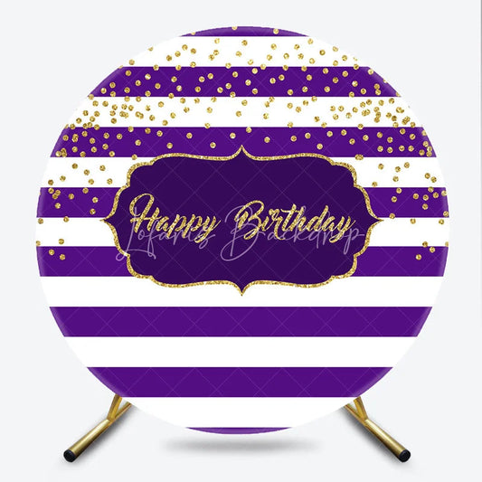 Lofaris Purple Stripes Happy Birthday Round Backdrop Gold Glitter Confetti Pattern Background Royal Princess Party Decor
