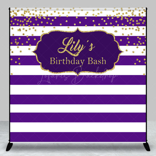 Lofaris Purple White Stripe Gold Custom Name Birthday Backdrop