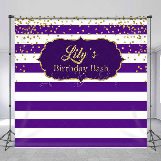 Lofaris Purple White Stripe Gold Custom Name Birthday Backdrop