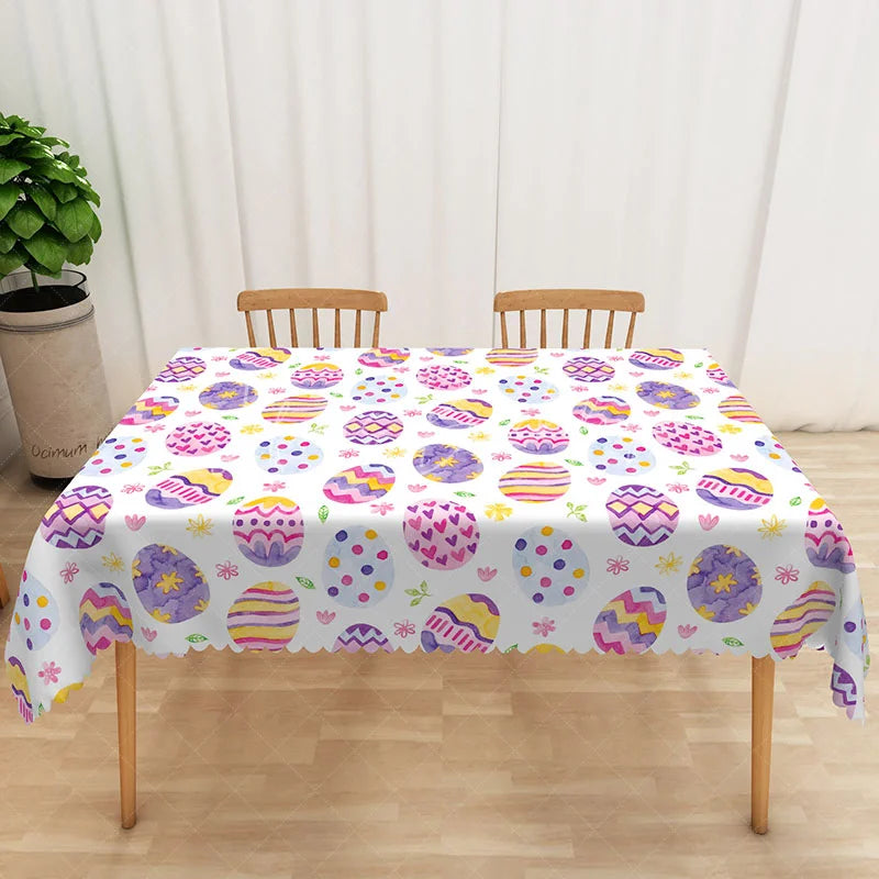 Lofaris Purple Yellow Patterned Egg Rectangle Tablecloth Colorful Easter Holiday Table Cover Spring Party Home Decor