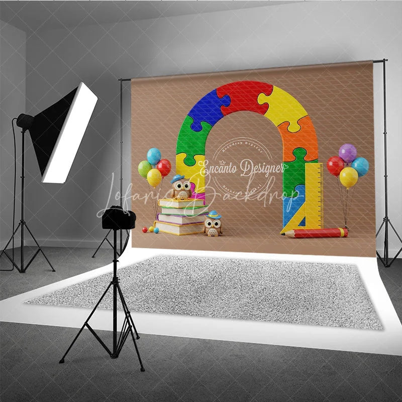 Lofaris Puzzle Arch Back To School Backdrop Colorful Jigsaw Pieces Cute Owls Books Background Kindergarten Photography