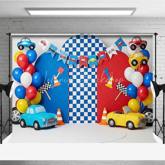 Lofaris Racing Car Photography Backdrop Red and Blue Cars Checkered Flag Party Banner