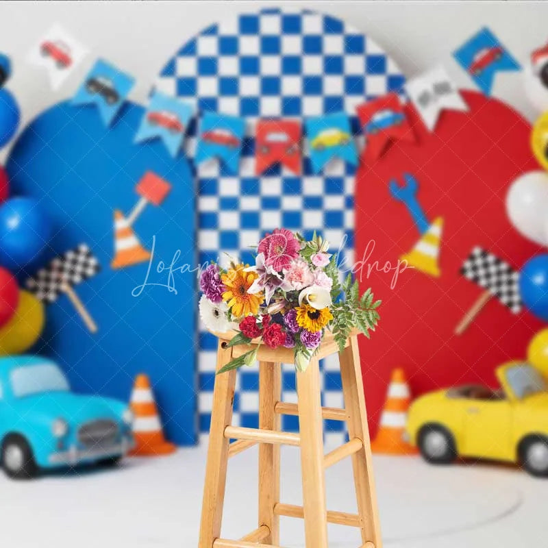 Lofaris Racing Car Photography Backdrop Red and Blue Cars Checkered Flag Party Banner