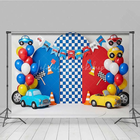 Lofaris Racing Car Photography Backdrop Red and Blue Cars Checkered Flag Party Banner