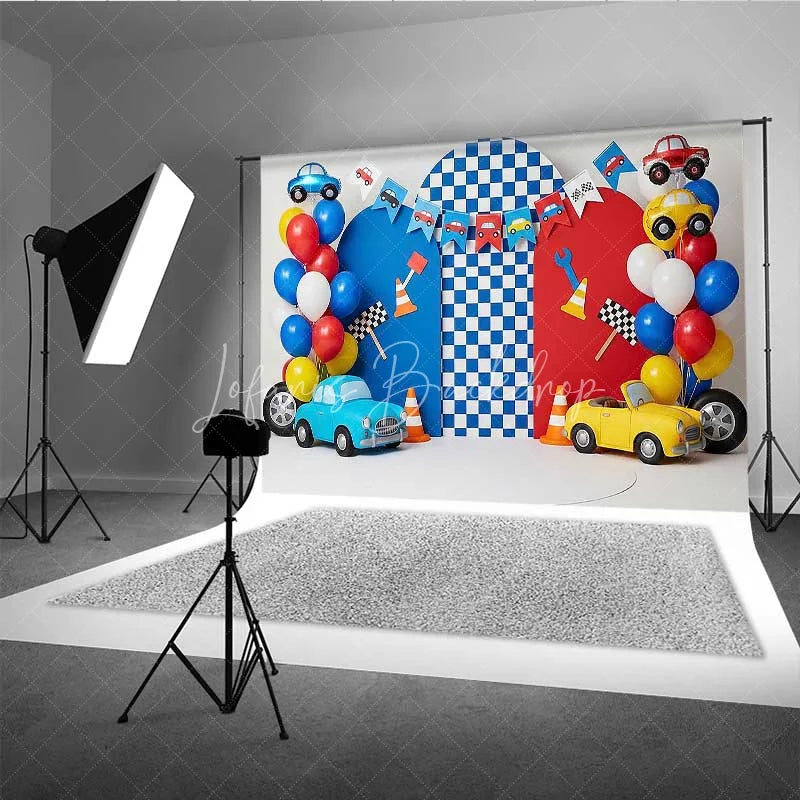 Lofaris Racing Car Photography Backdrop Red and Blue Cars Checkered Flag Party Banner