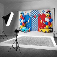 Lofaris Racing Car Photography Backdrop Red and Blue Cars Checkered Flag Party Banner