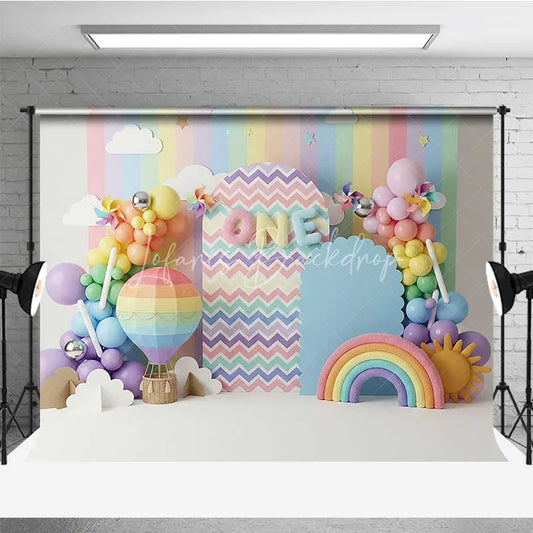 Lofaris Rainbow 1st Birthday Photography Backdrop Hot Air Balloon and Sun Party Banner