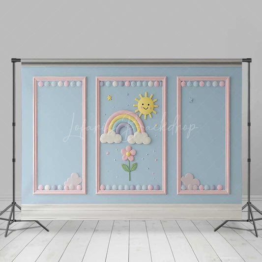 Lofaris Rainbow and Sunshine Cake Smash Backdrop Blue Wall with Pink Frames Kids First Birthday Photography Prop