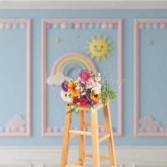Lofaris Rainbow and Sunshine Cake Smash Backdrop Blue Wall with Pink Frames Kids First Birthday Photography Prop