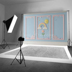 Lofaris Rainbow and Sunshine Cake Smash Backdrop Blue Wall with Pink Frames Kids First Birthday Photography Prop