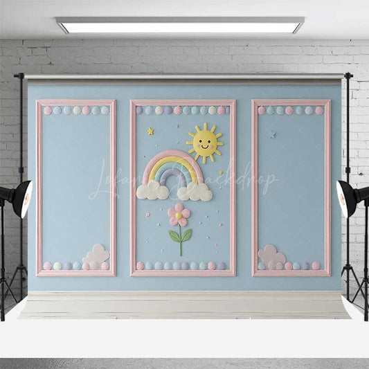 Lofaris Rainbow and Sunshine Cake Smash Backdrop Blue Wall with Pink Frames Kids First Birthday Photography Prop