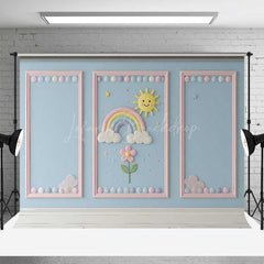 Lofaris Rainbow and Sunshine Cake Smash Backdrop Blue Wall with Pink Frames Kids First Birthday Photography Prop